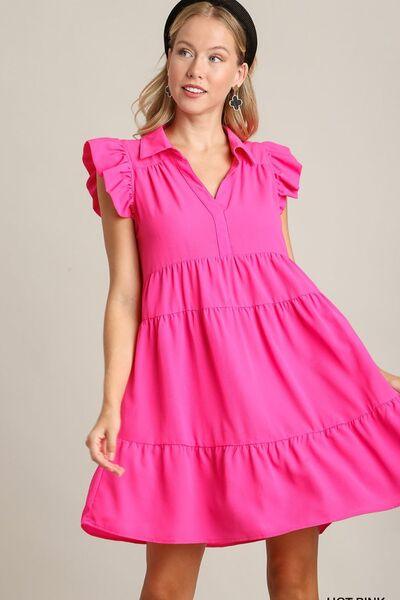 Umgee Full Size Johnny Collar Ruffle Cap Sleeve Tiered Dress Plus Size