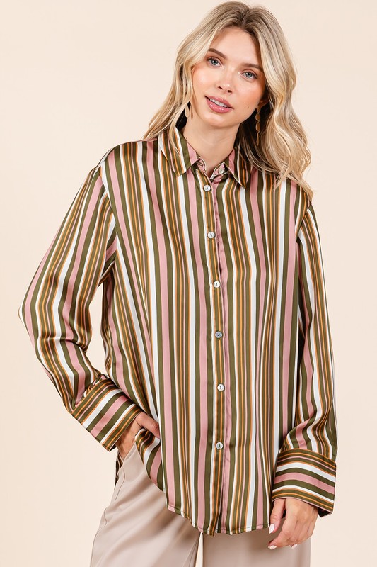 Mittoshop Striped Button Down Satin Shirt - Clothes For Her Online Store