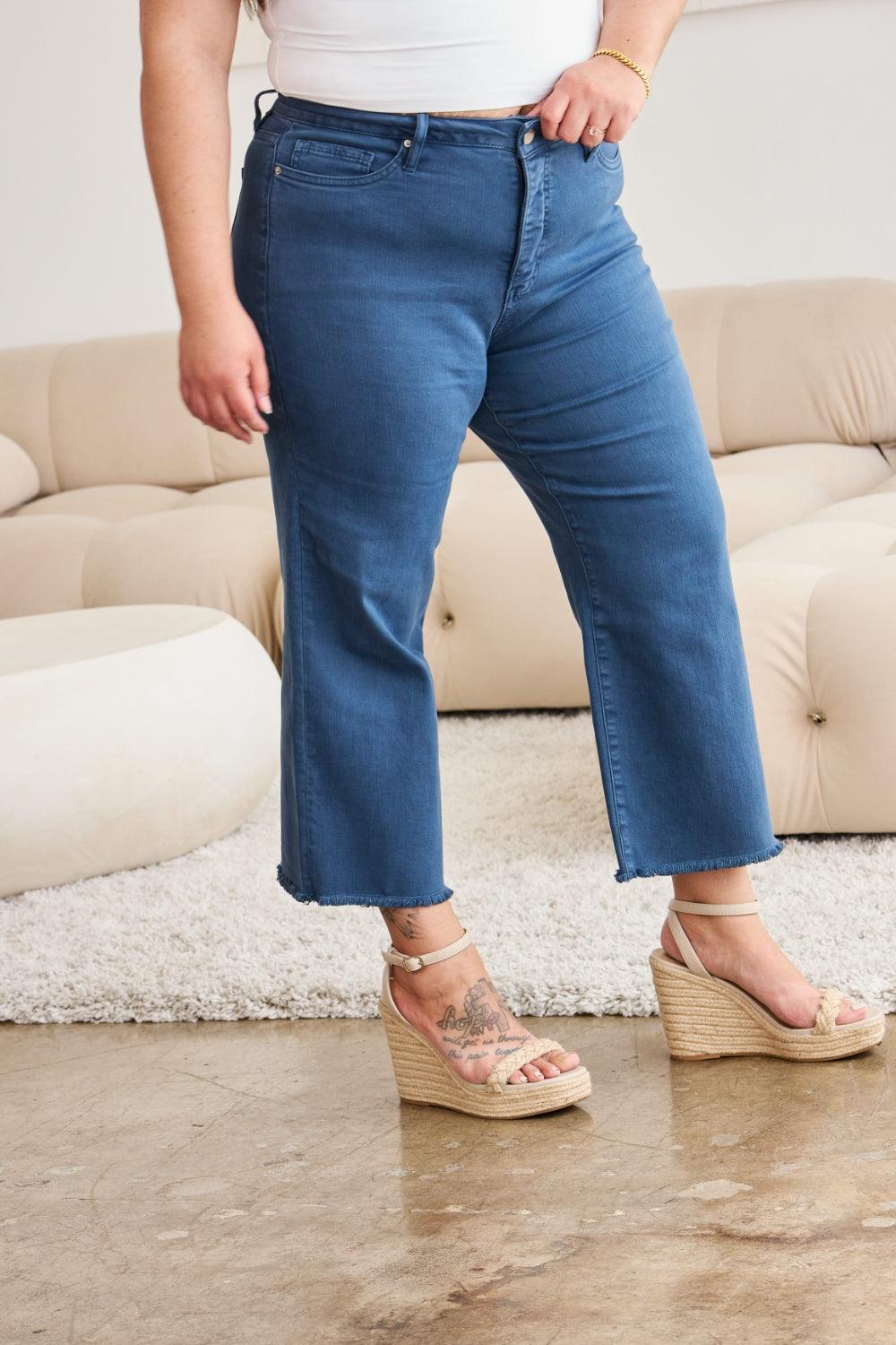 RFM Crop Chloe Full Size Tummy Control High Waist Raw Hem Jeans - Clothes For Her Online Store