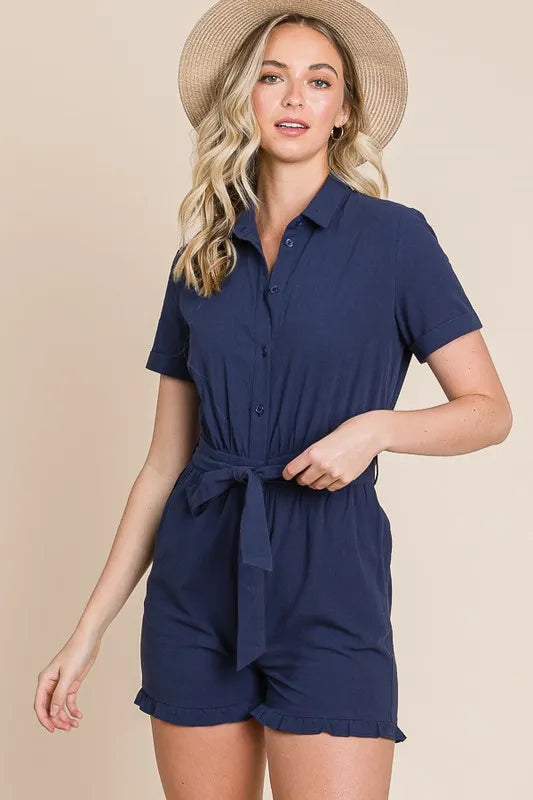 Lime 'N' Chili Collared Button Down Romper with Tie Belt