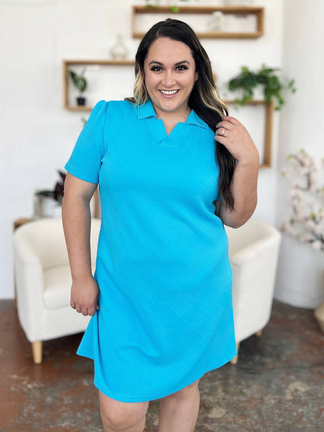 Double Take Full Size Texture Collared Neck Short Sleeve Dress - Clothes For Her Online Store