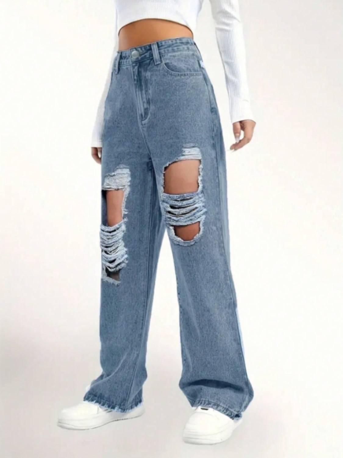 Distressed Wide Leg Jeans - Clothes For Her Online Store