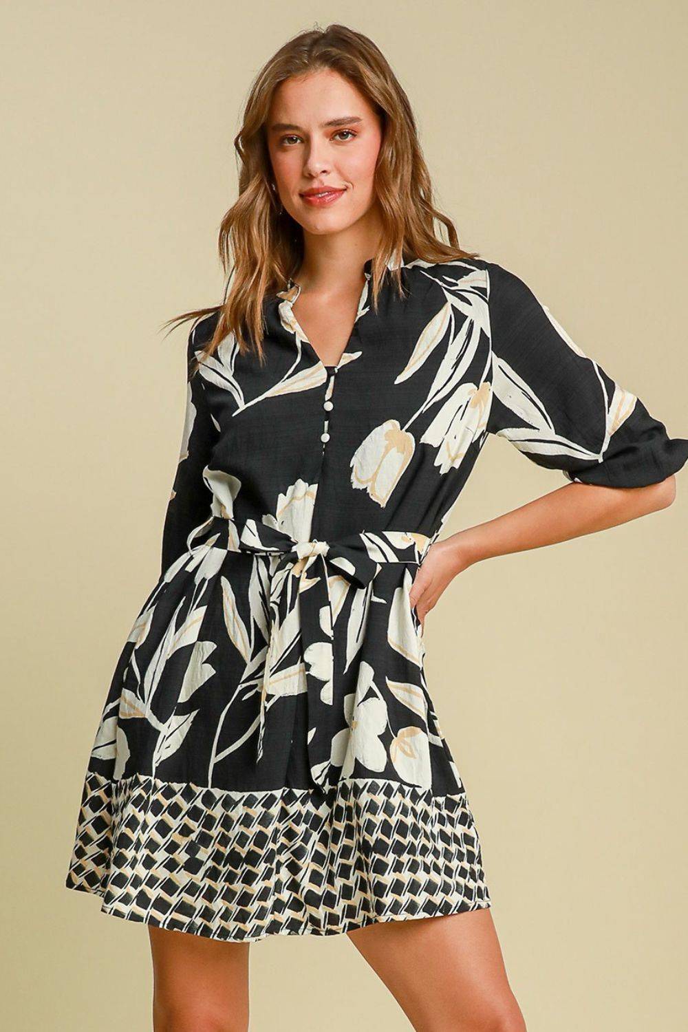 Umgee Full Size Floral Print Notched Tie Waist Mini Dress Plus Size - Clothes For Her Online Store