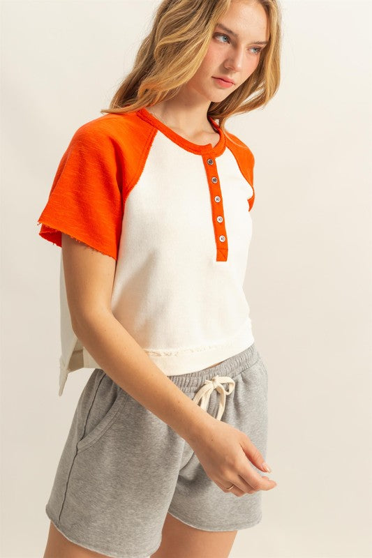 HYFVE Side Slit Contrast Half Button Short Sleeve T-Shirt - Clothes For Her Online Store
