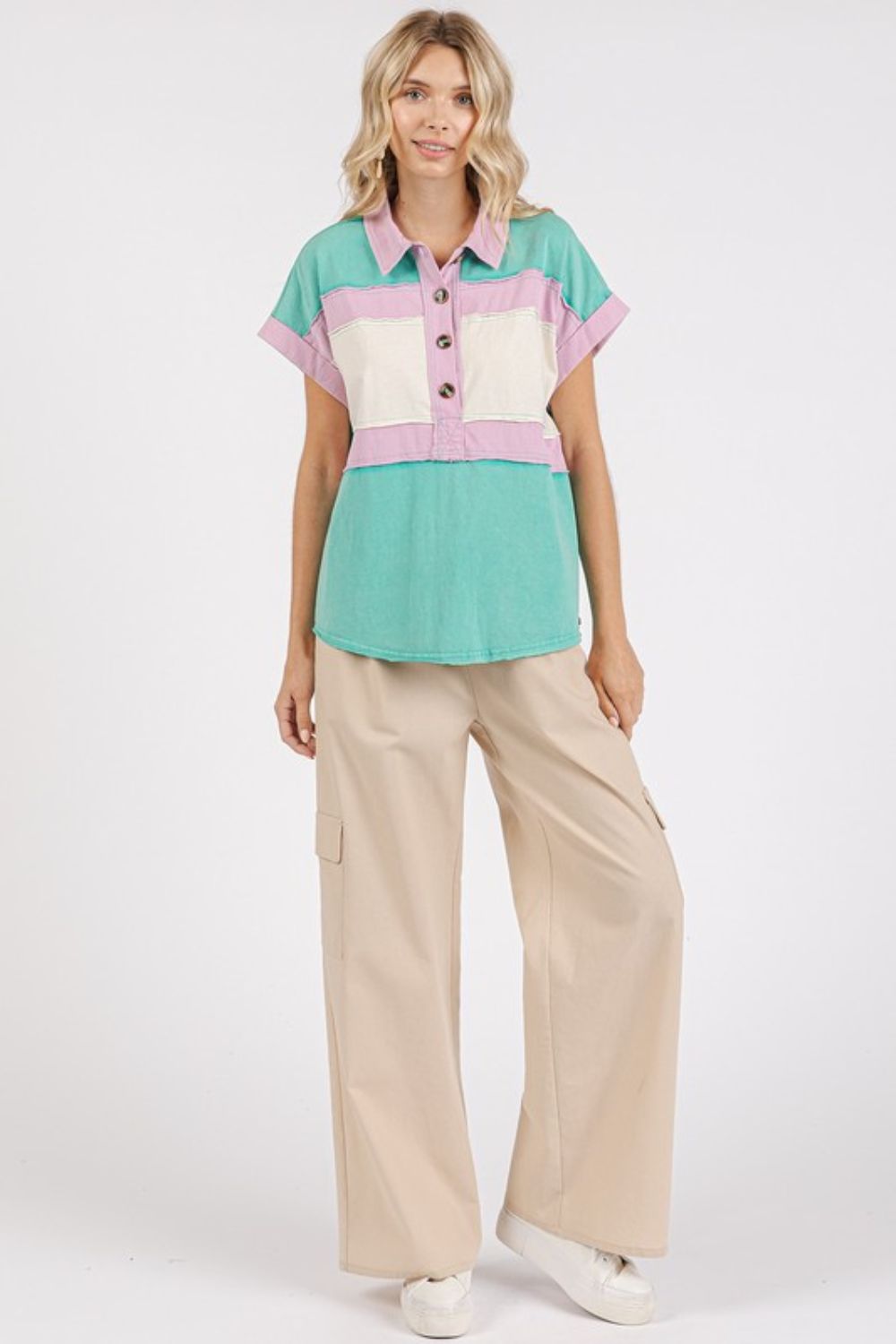 Mittoshop Color Block Henley Short Sleeve Polo Shirt - Clothes For Her Online Store