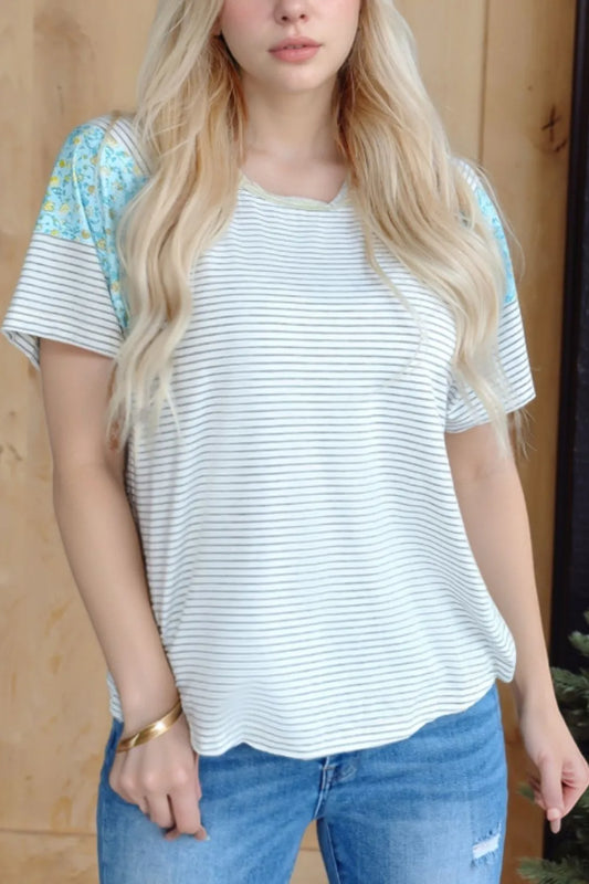 Stripe Floral Insert Sleeves Contrast Round Neck Tee