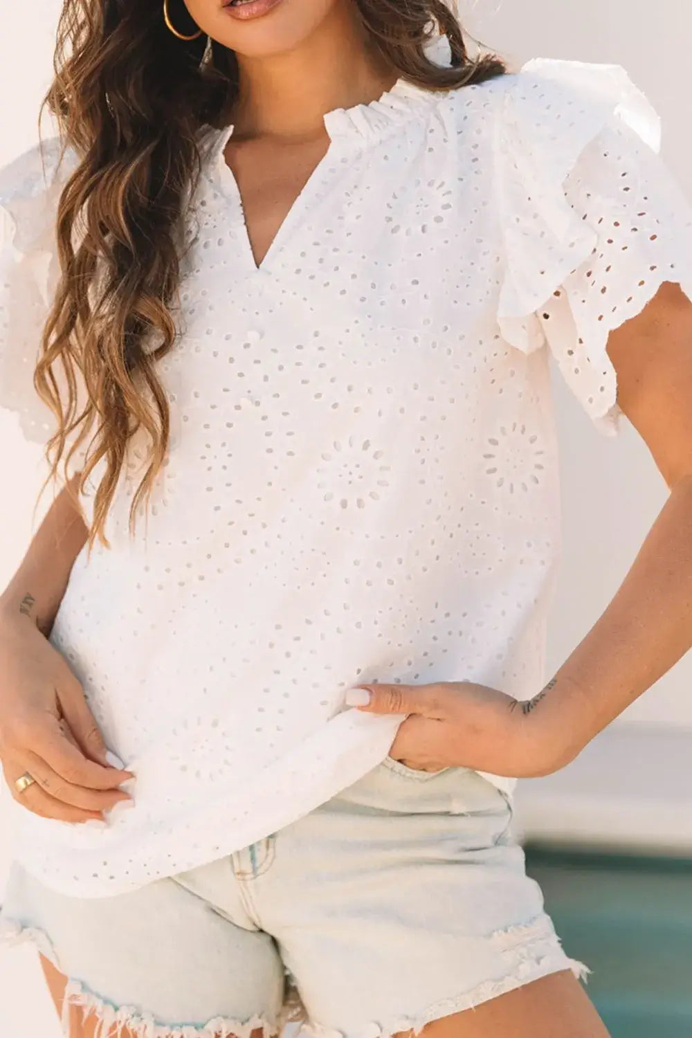 Eyelet Notched Short Sleeve Blouse