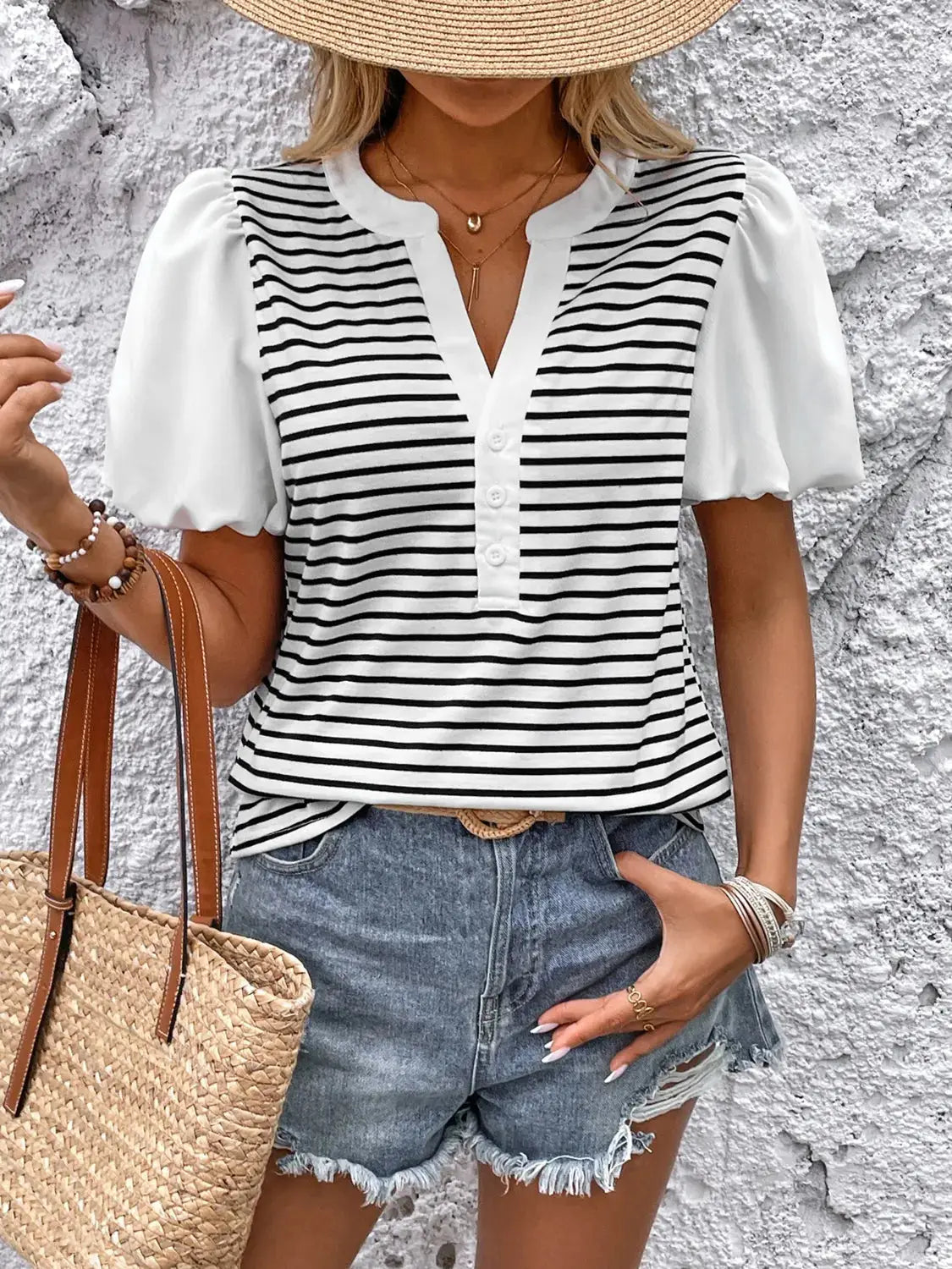 Striped Notched Short Sleeve T-Shirt - Clothes For Her Online Store