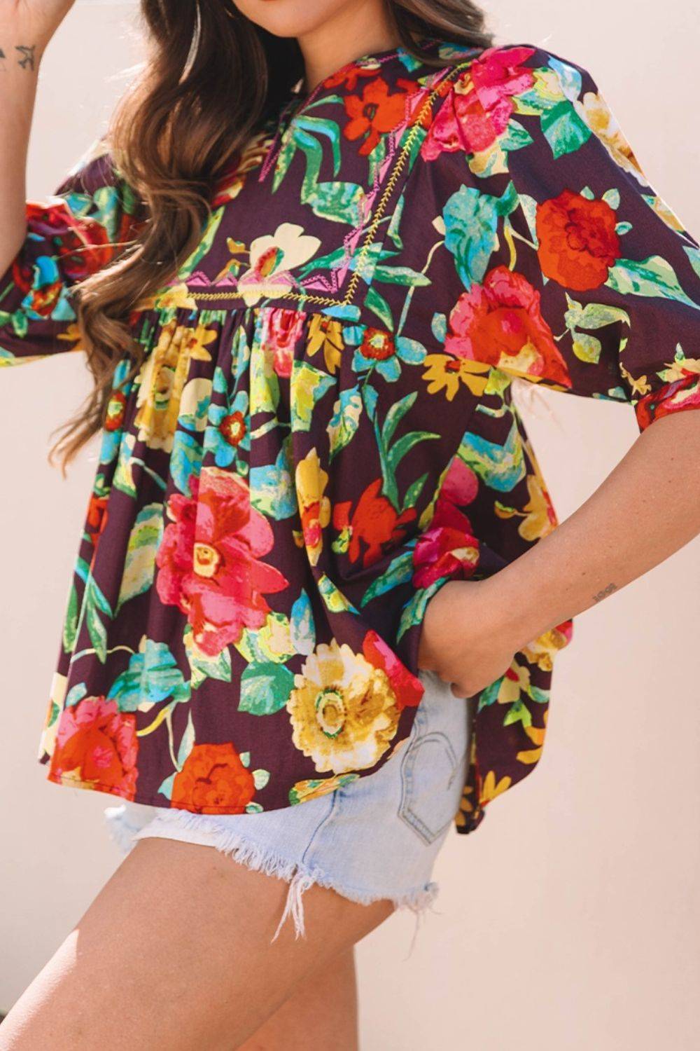 Flower Embroidered Trim Half Sleeve Blouse