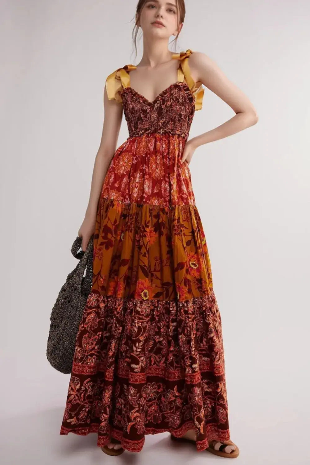 Floral Tiered Maxi Dress with Mixed Print Design