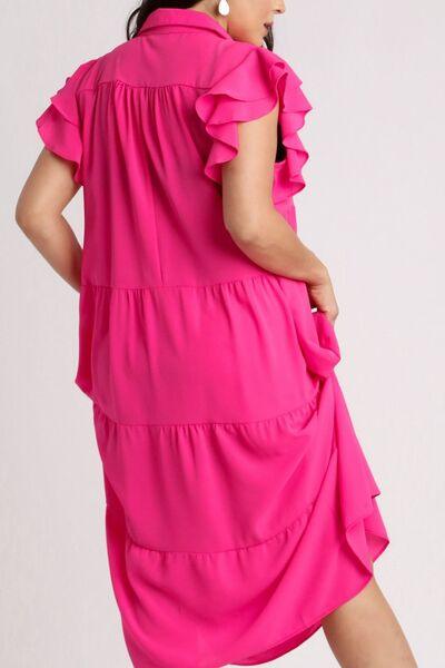 Umgee Full Size Johnny Collar Ruffle Cap Sleeve Tiered Dress Plus Size