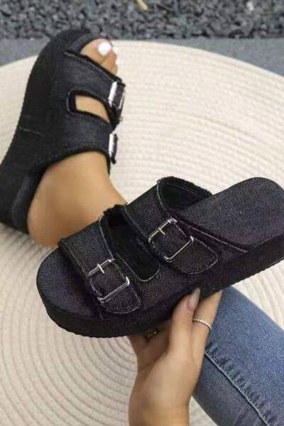 Raw Hem Wedge Buckle Sandals - Clothes For Her Online Store