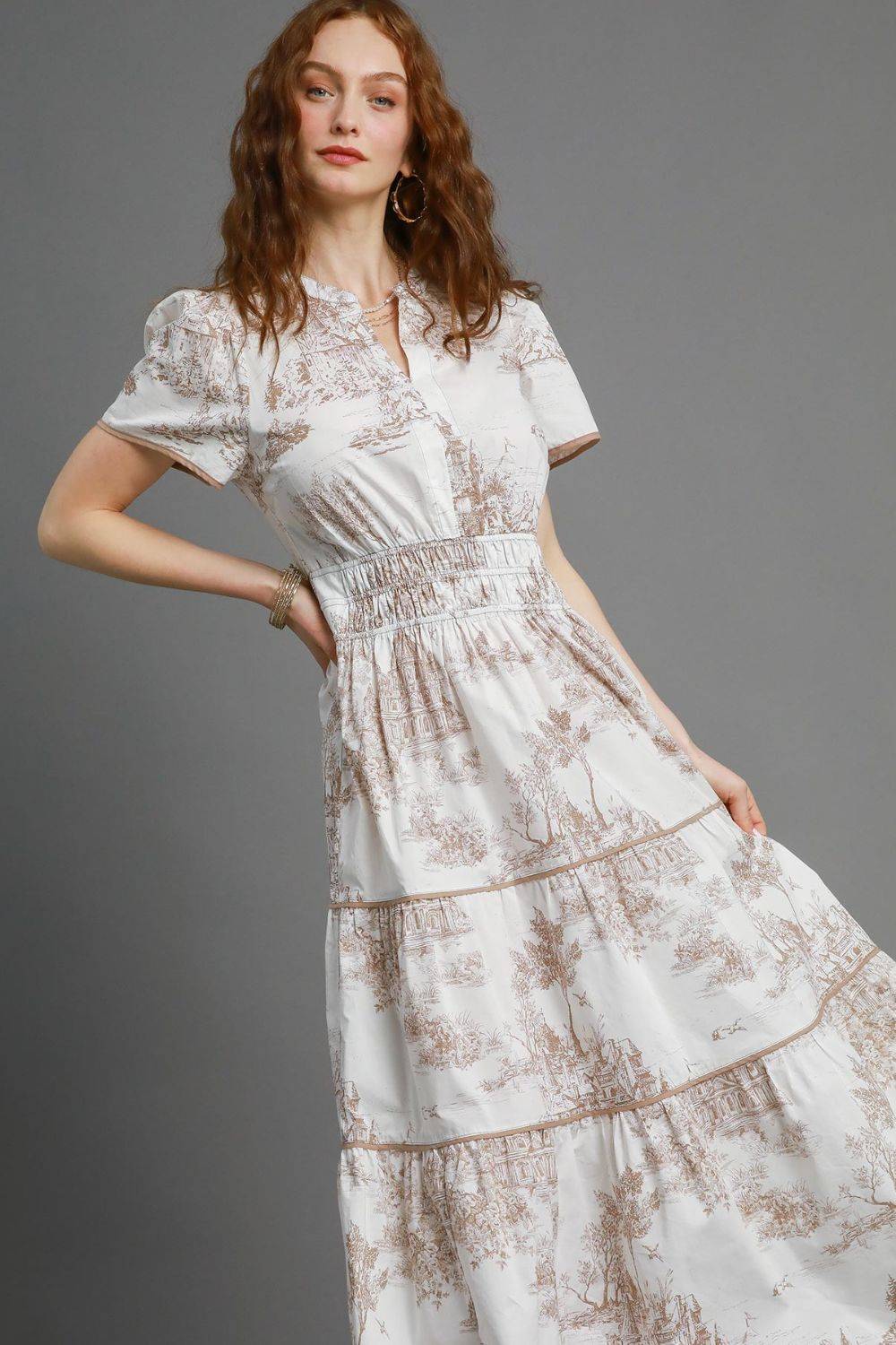 Umgee Full Size Landscape Print Short Sleeve Tiered Maxi Dress Plus Size - Clothes For Her Online Store