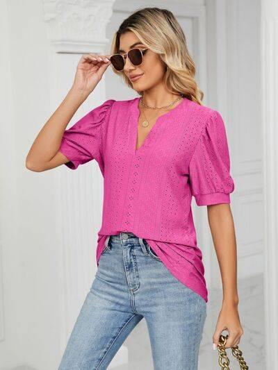 Florira Eyelet Notched Short Sleeve T-Shirt