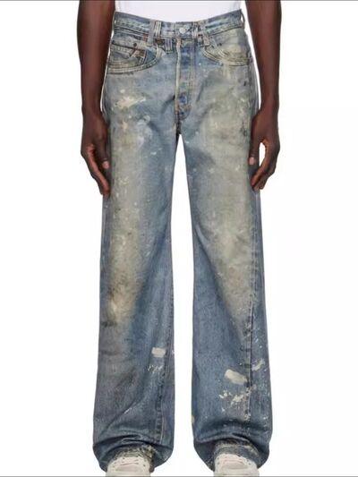 Men's Washed Button Fly Straight Jeans