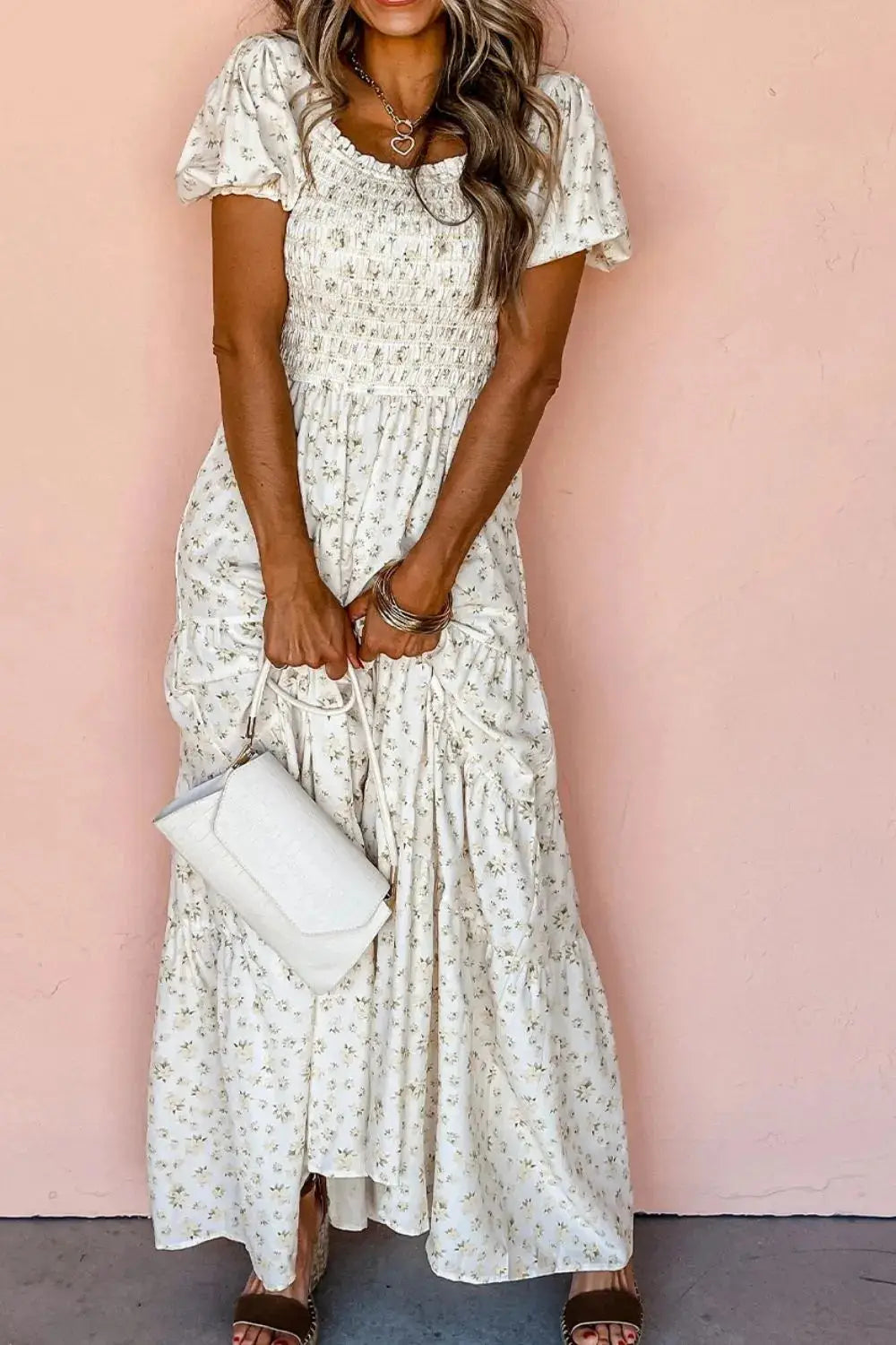 Floral Smocked Short Puff Sleeve Maxi Dress - Clothes For Her Online Store