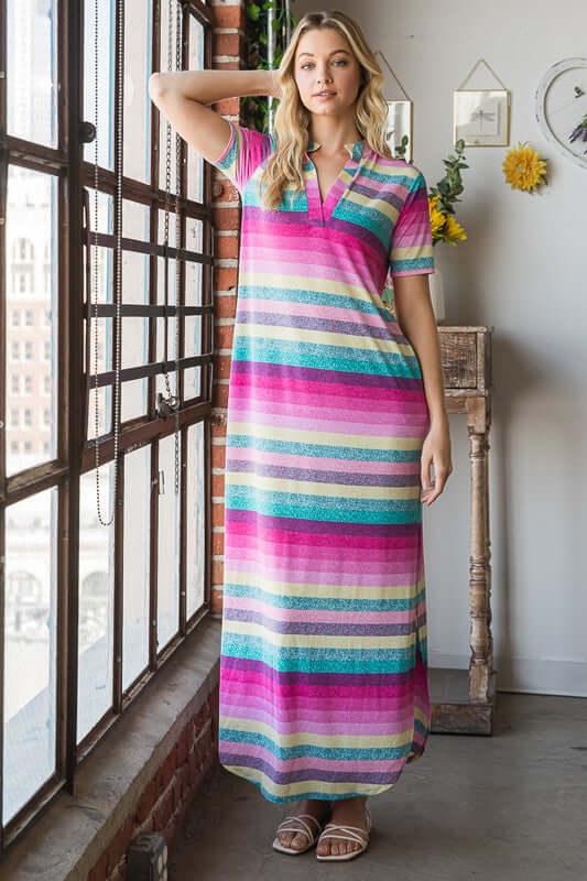 Heimish Full Size Striped Short Sleeve Maxi Tee Dress Plus Size