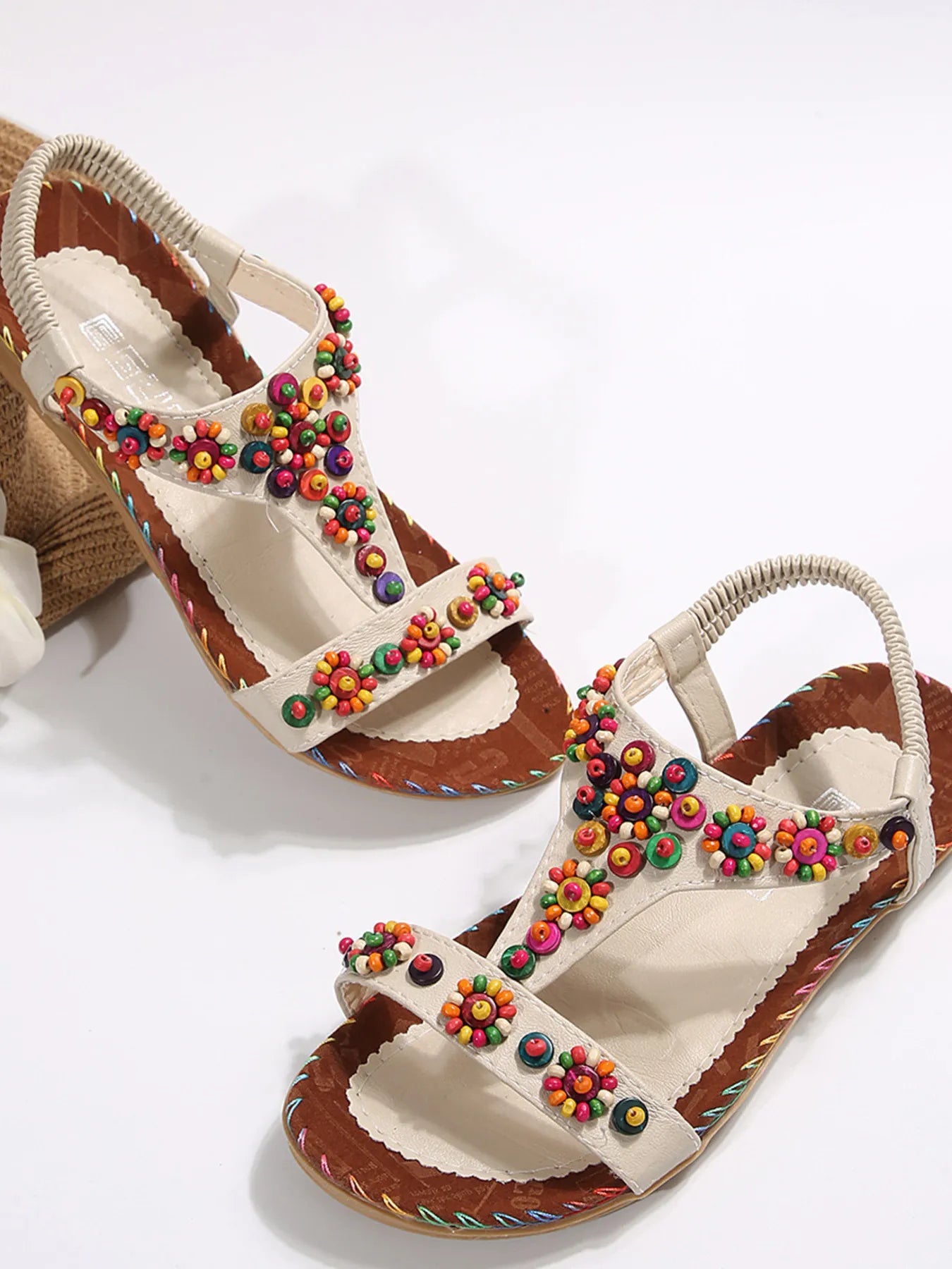 Beaded T-Strap Flat Sandals
