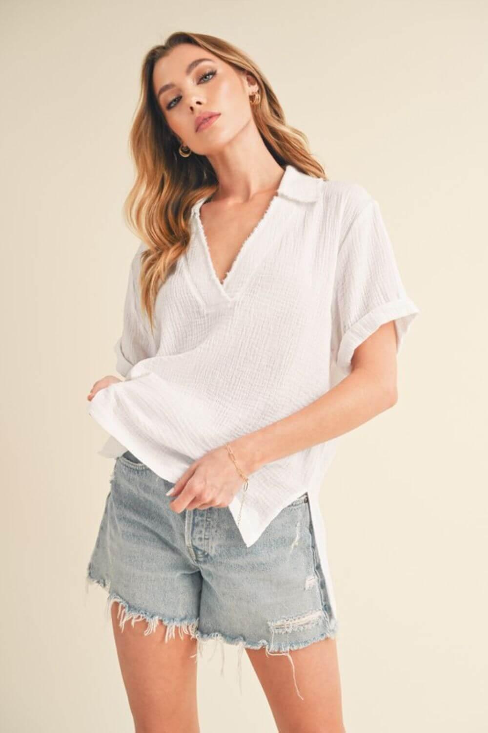 Aemi + Co Side Slit Johnny Collar Short Sleeve Cotton Gauze Blouse