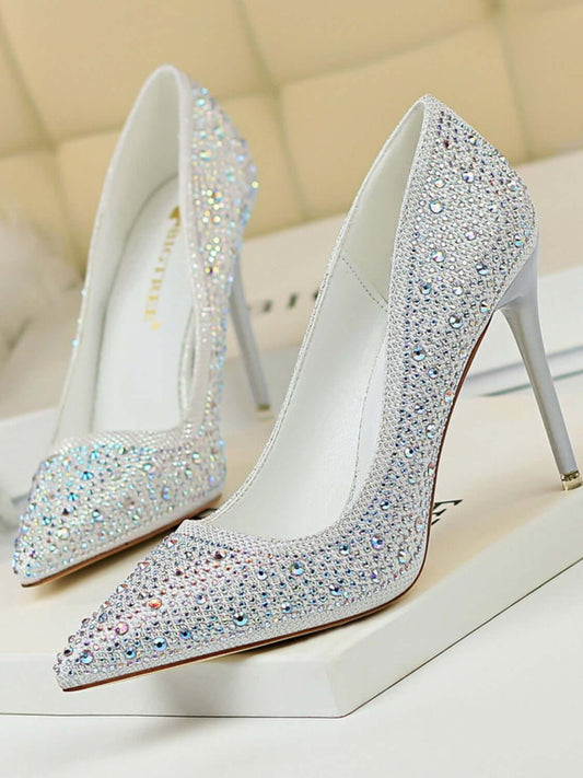 Point Toe Rhinestone Decor Stiletto Pumps - Clothes For Her Online Store