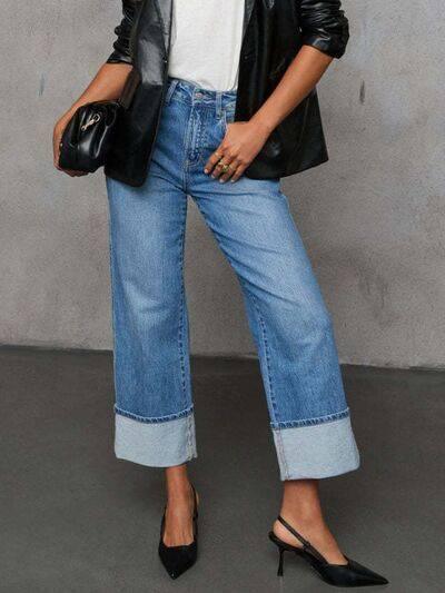 High Waisted Straight Leg Rolled Jeans - Clothes For Her Online Store