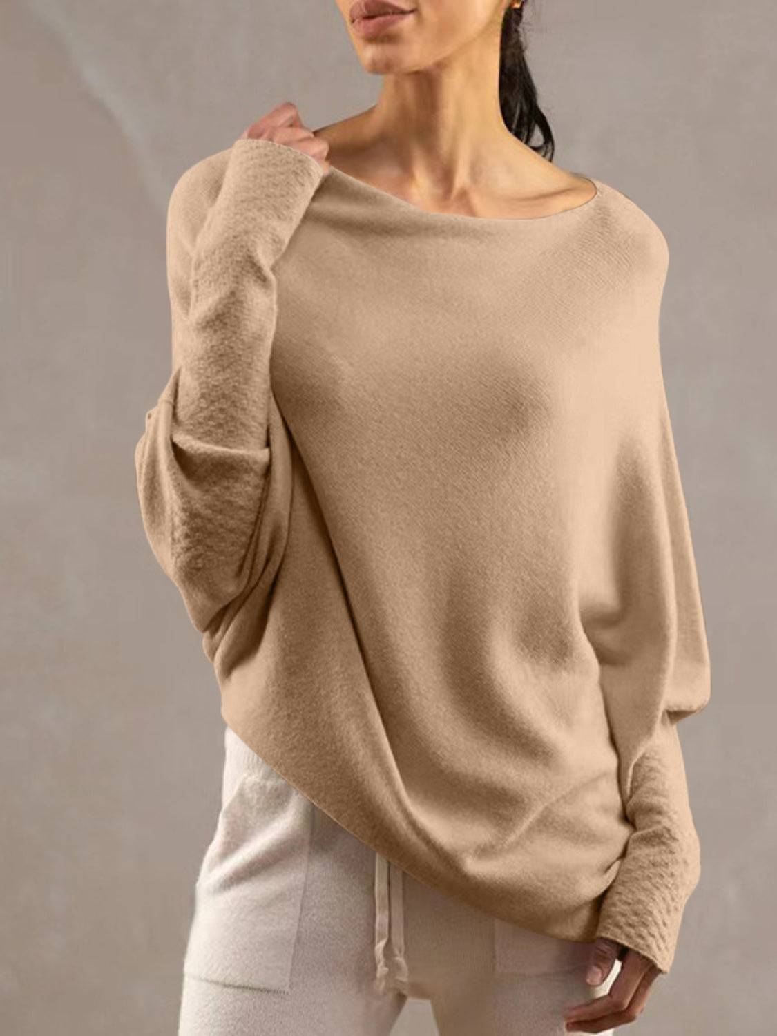 Full Size Boat Neck Batwing Sleeve Knit Top - Clothes For Her Online Store