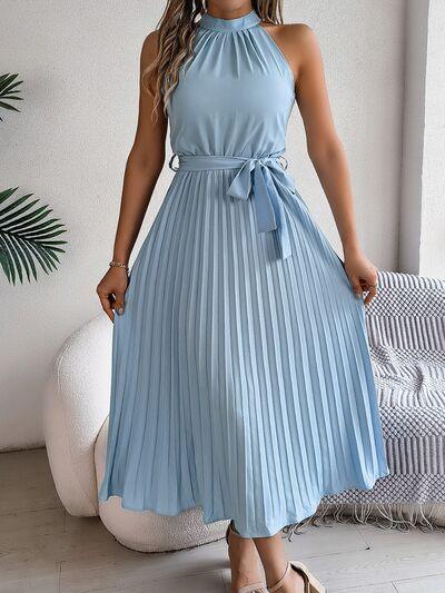 Grecian Neck Tie Waist Pleated Dress