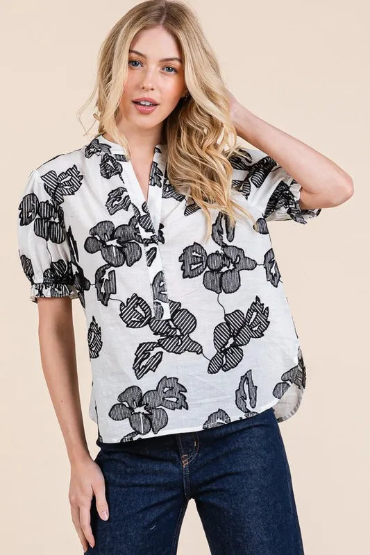 Lime 'N' Chili Embroidered Split Neck Puff Sleeve Blouse