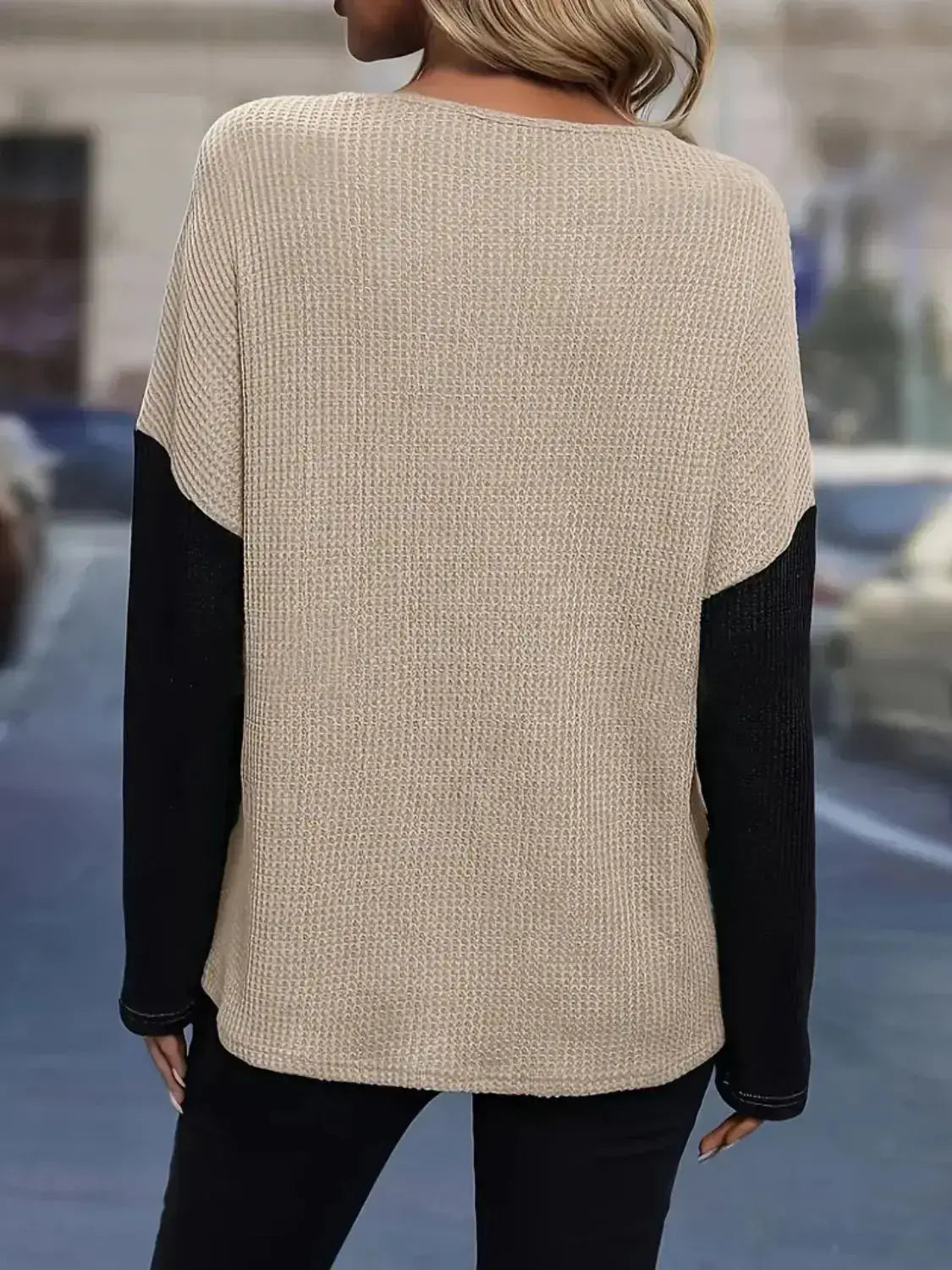 Contrast Lace Round Neck Long Sleeve T-Shirt - Clothes For Her Online Store