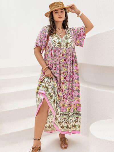 Plus Size Floral Tie Neck Flutter Sleeve Maxi Dress