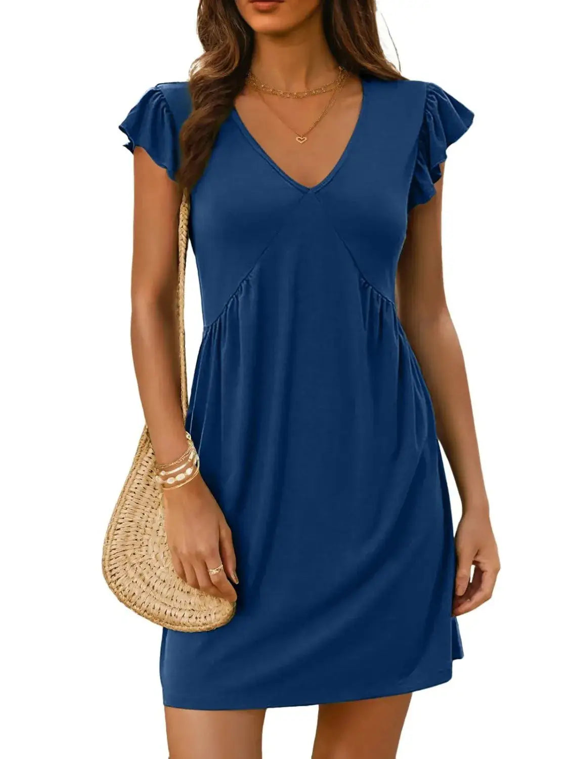 V-Neck Ruffled Cap Sleeve Mini Dress - Clothes For Her Online Store