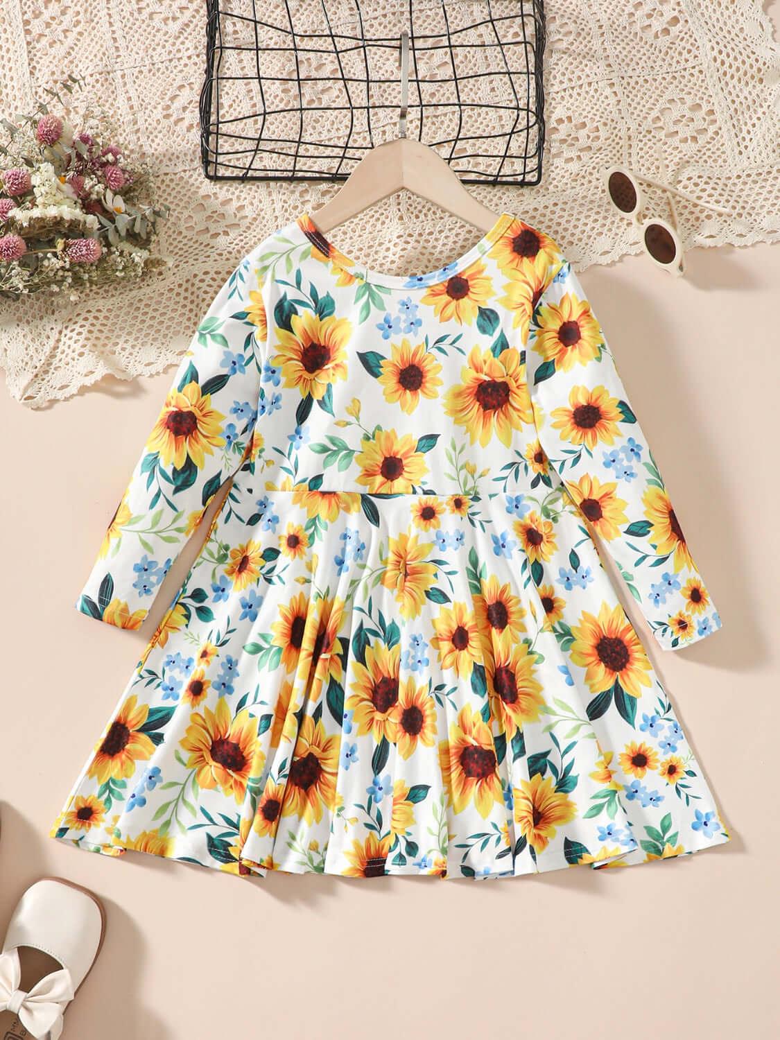 Kids Sunflower Print Round Neck Long Sleeve Dress