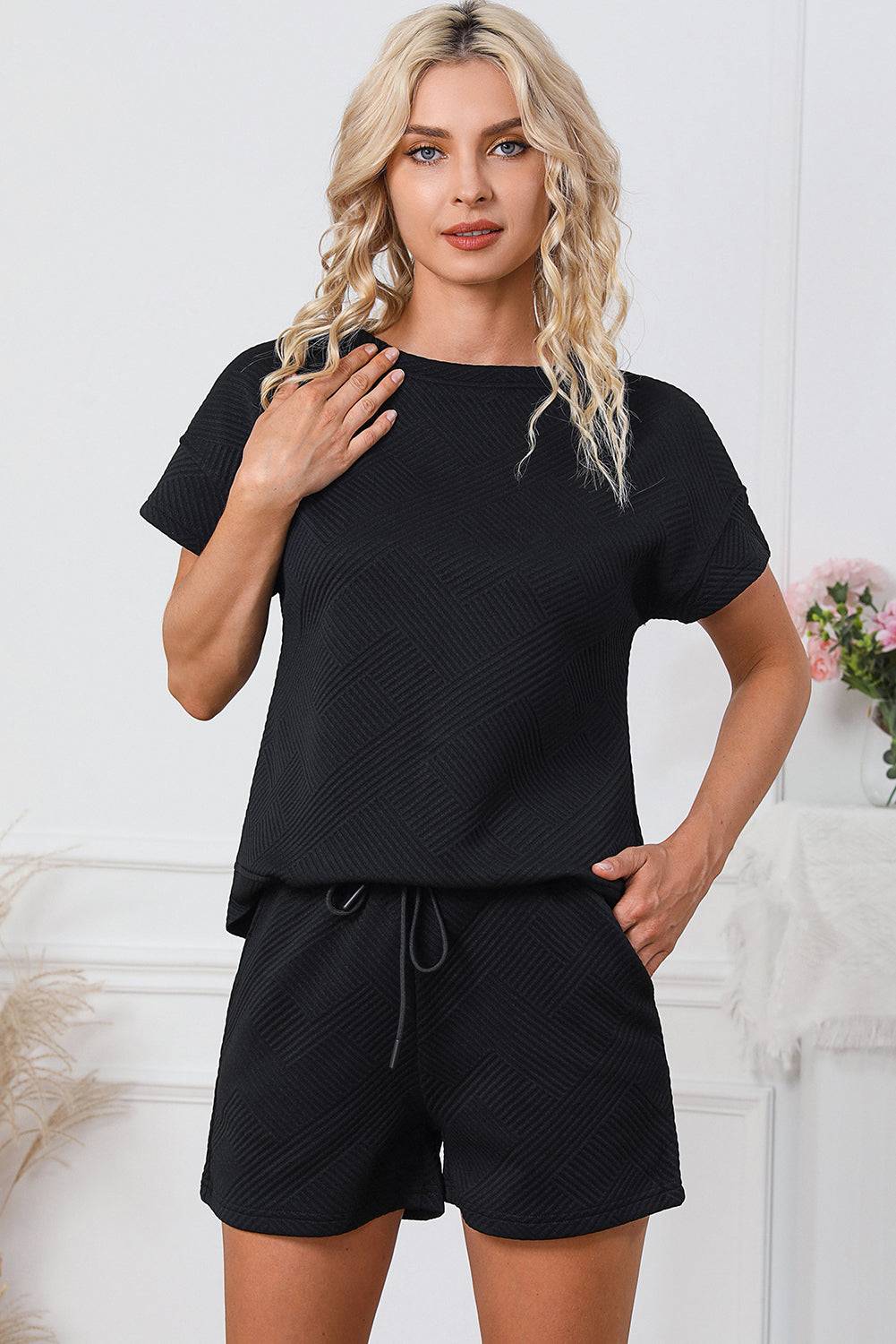 Textured Round Neck T-Shirt and Shorts Set - Clothes For Her Online Store