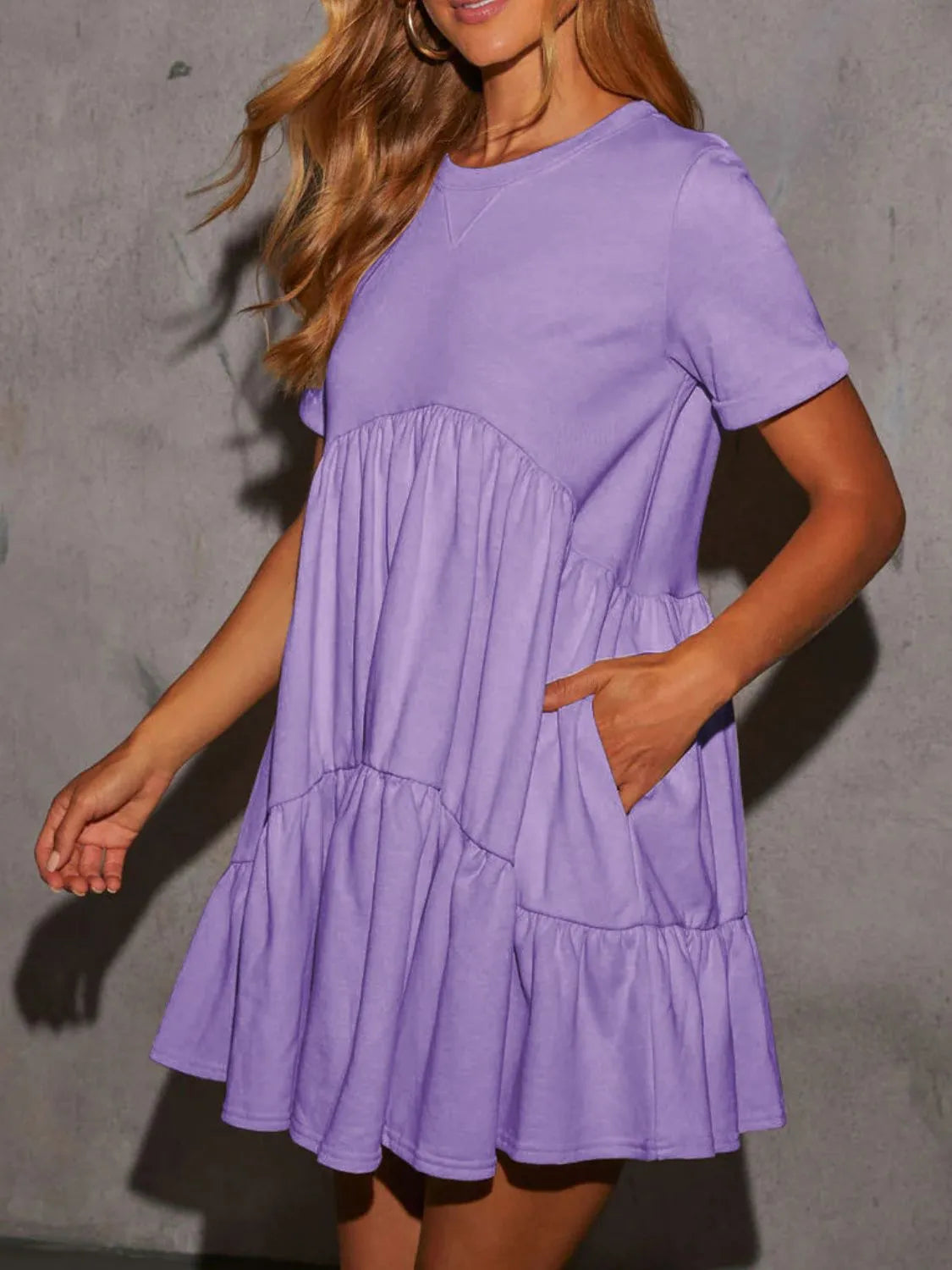Tiered Round Neck Short Sleeve Mini Dress