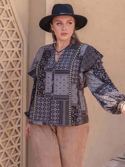 Plus Size Ruffled Printed Notched Long Sleeve Blouse - Clothes For Her Online Store