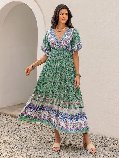 Ruched Printed Flounce Sleeve Midi Dress - Clothes For Her Online Store