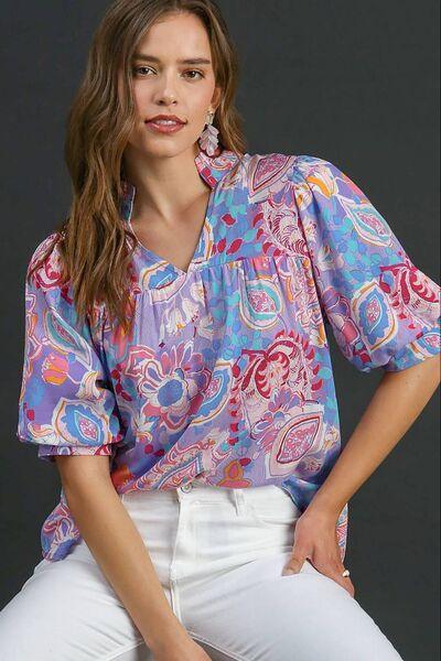 Umgee Full Size Mixed Print Notched Puff Sleeve Blouse Plus Size