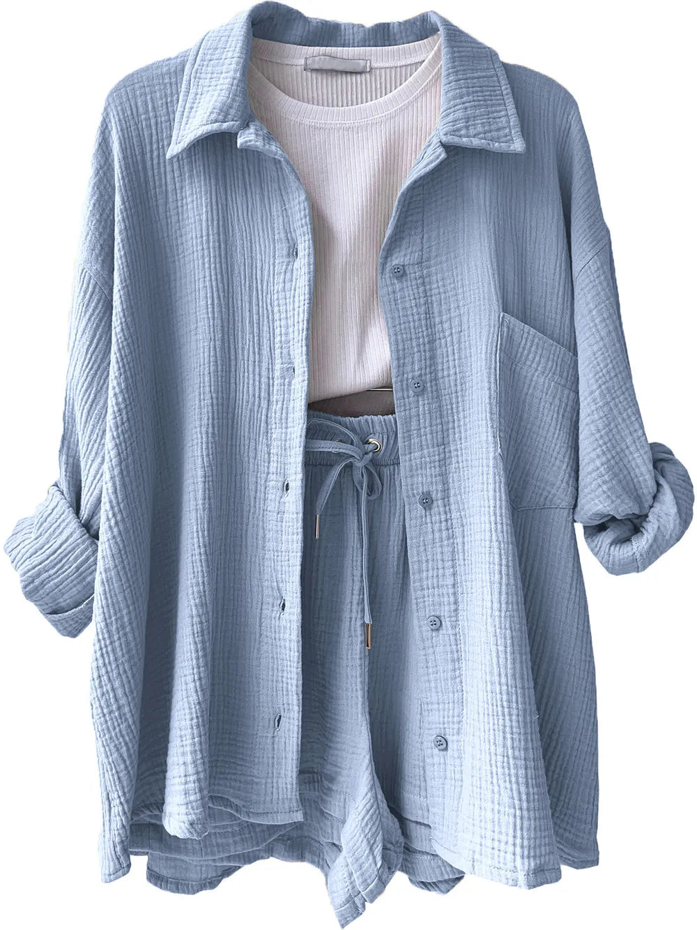 Texture Button Up Shirt and Drawstring Shorts Set - Clothes For Her Online Store