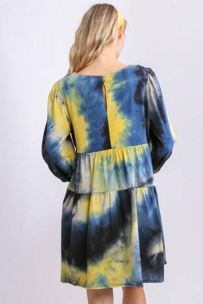 Umgee Full Size Tie Dye Round Neck Long Sleeve Babydoll Tiered Dress Plus Size