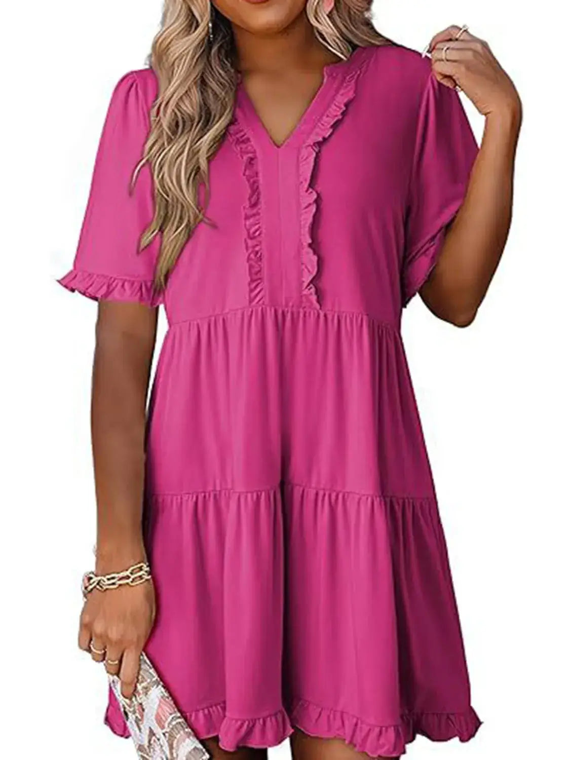 Tiered Notched Short Sleeve Mini Dress - Clothes For Her Online Store