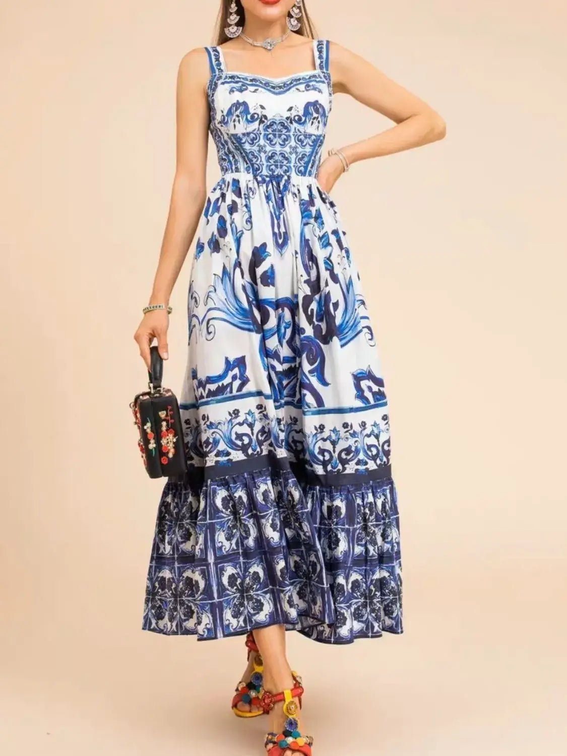Smocked Printed Wide Strap Dress