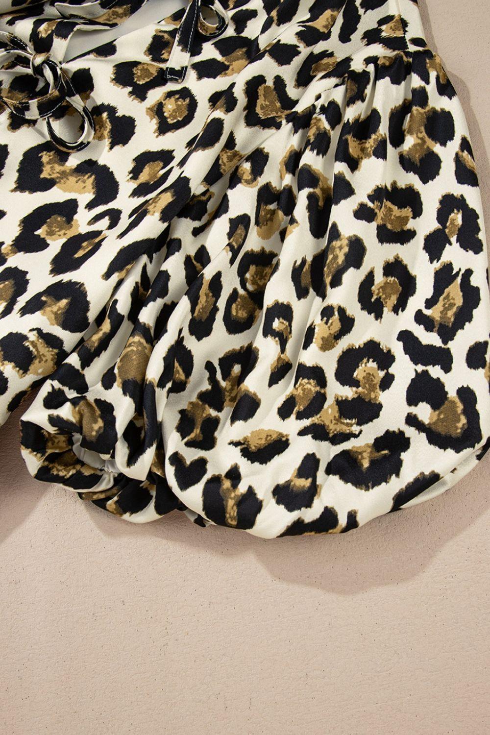 Leopard Bow Tie Front Puff Sleeve Peplum Blouse - Clothes For Her Online Store
