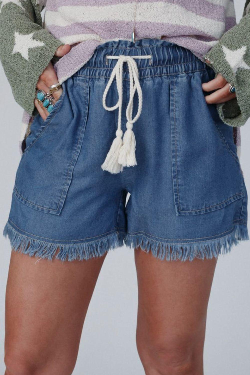 Raw Hem Drawstring High Waist Denim Shorts with Pockets