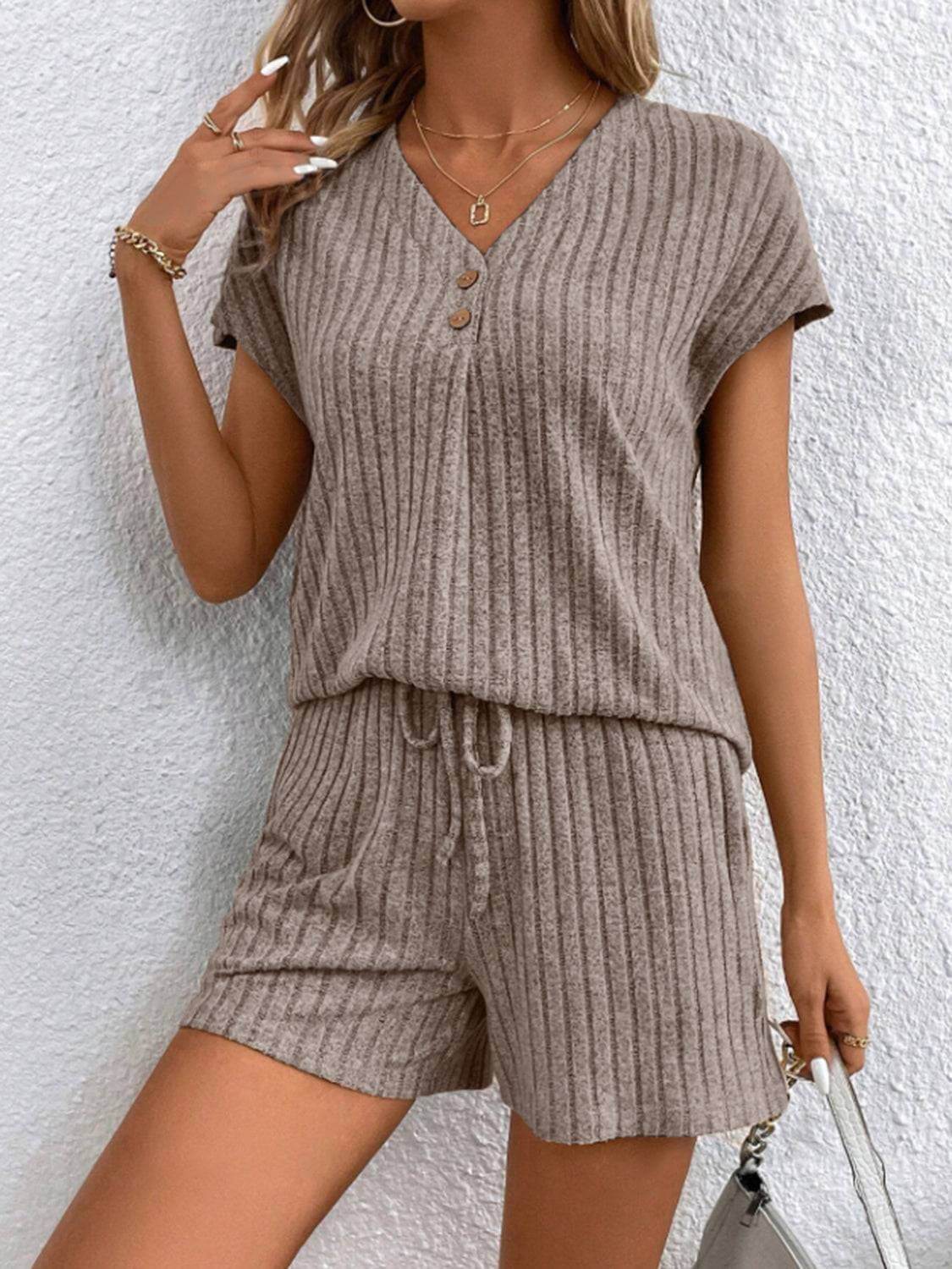 Ribbed V-Neck Top and Shorts Set - Clothes For Her Online Store