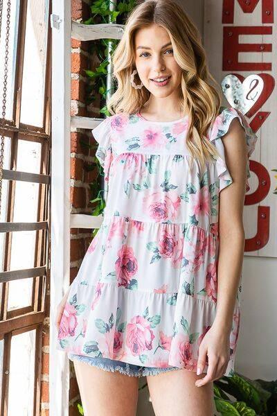 Heimish Full Size Butterfly Short Sleeve Round Neck Floral Print Tiered Top Plus Size