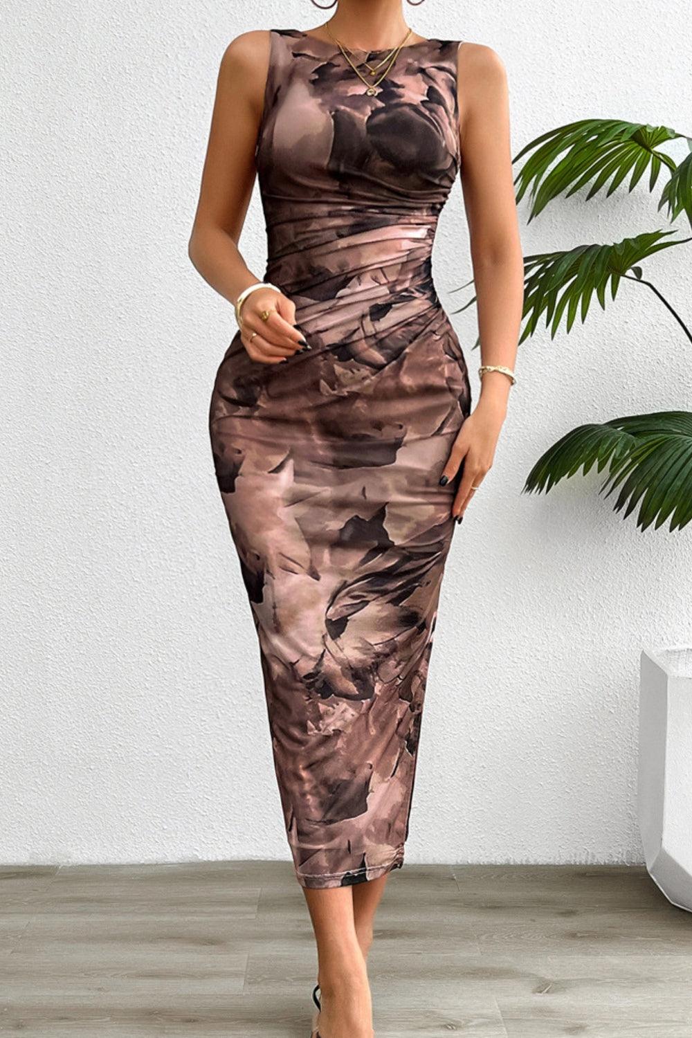 Printed Ruched Slit Sleeveless Midi Dress