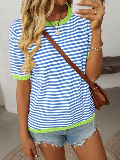 Mandy Striped Round Neck Half Sleeve Knit Top