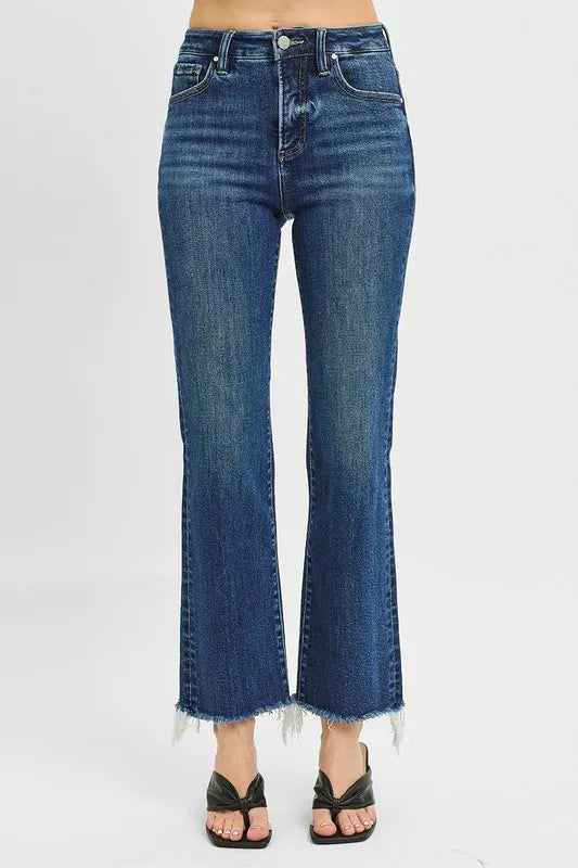 RISEN Tummy Control High Rise Crop Straight Raw Cut Hem Jeans