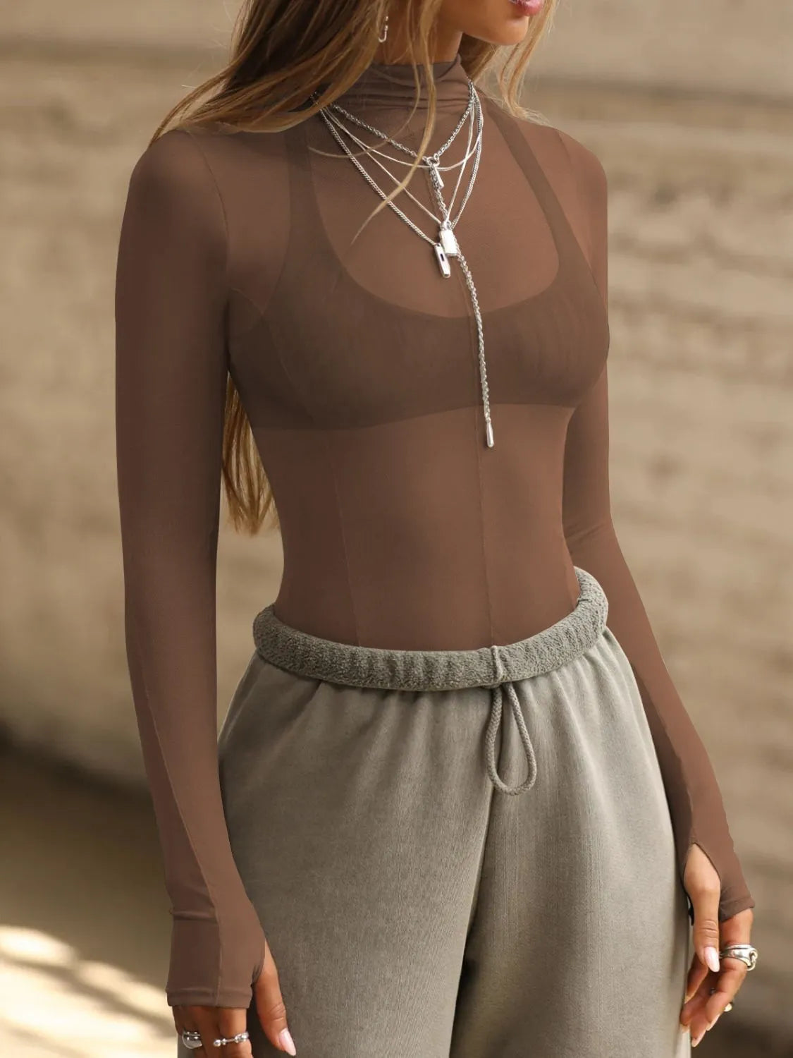 Mock Neck Long Sleeve Sheer Top