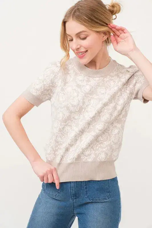 And The Why Short Sleeve Rose Pattern Knit Top - Clothes For Her Online Store
